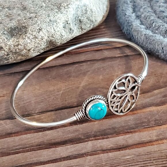 India Turquoise Gemstone Lotus Sterling Silver Overlay Cuff Bracelet 6743-R - Picture 6 of 8